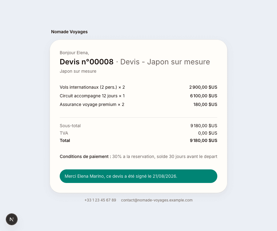 Page de signature électronique d'un devis dans NovaTrip