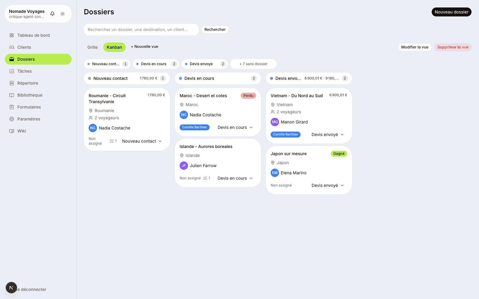 Pipeline de dossiers en vue kanban dans NovaTrip
